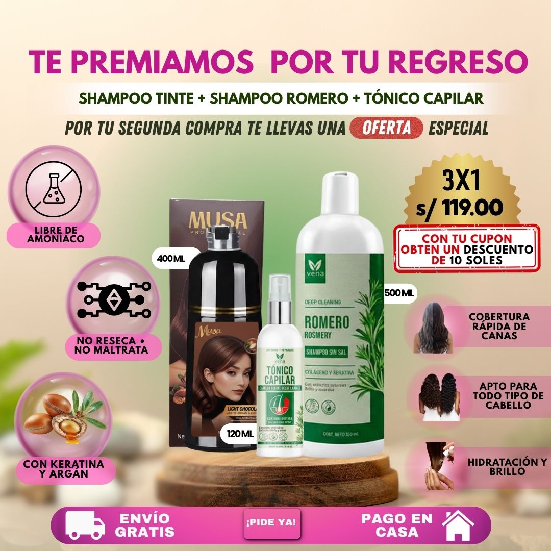 TRIO CAPILAR ANTICANAS +ANTICAÍDA(SHAMPOO TINTE +SHAMPOO ROMERO+TÓNICO CAPILAR)