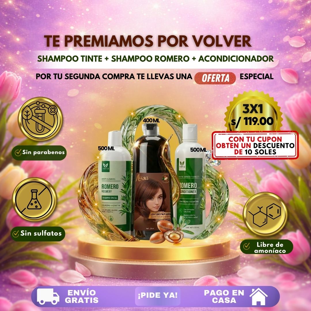 TRÍO CAPILAR COMPLETO (SHAMPOO TINTE + SHAMPOO ROMERO + ACONDICIONADOR DE ROMERO)