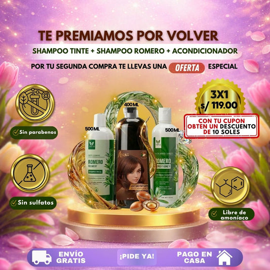 TRÍO CAPILAR COMPLETO (SHAMPOO TINTE + SHAMPOO ROMERO + ACONDICIONADOR DE ROMERO)