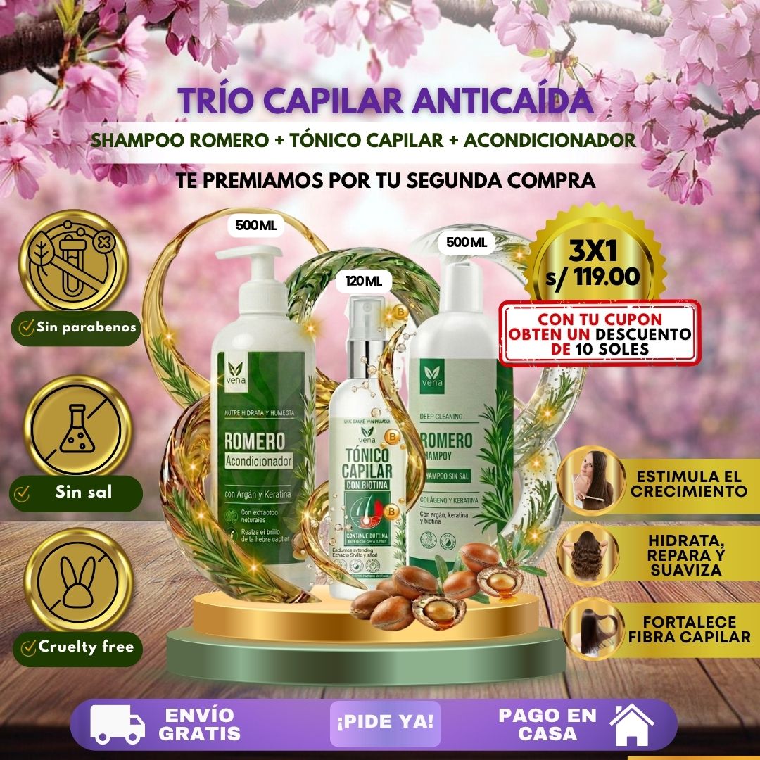 TRIO ANTICAÍDA DE ROMERO(SHAMPOO ROMERO + ACONDICIONADOR + TÓNICO CAPILAR)