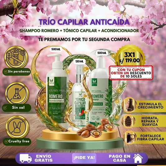 TRIO ANTICAÍDA DE ROMERO(SHAMPOO ROMERO + ACONDICIONADOR + TÓNICO CAPILAR)