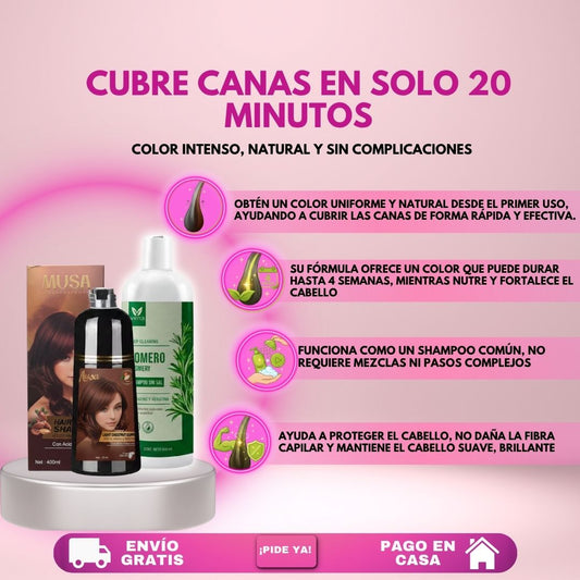 PACK 2 X 1 (SHAMPOO TINTE CUBRE CANAS + SHAMPOO DE ROMERO)