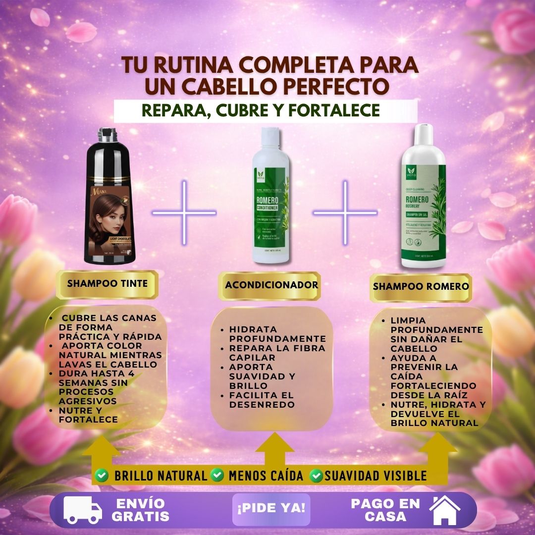 TRÍO CAPILAR COMPLETO (SHAMPOO TINTE + SHAMPOO ROMERO + ACONDICIONADOR DE ROMERO)